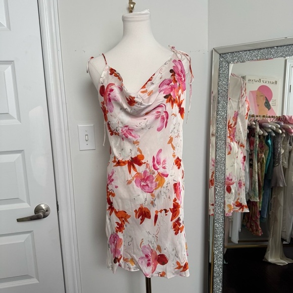 Zara Floral Cowl Neck Dress sun dress satin glam cottage tropical L - Picture 2 of 7